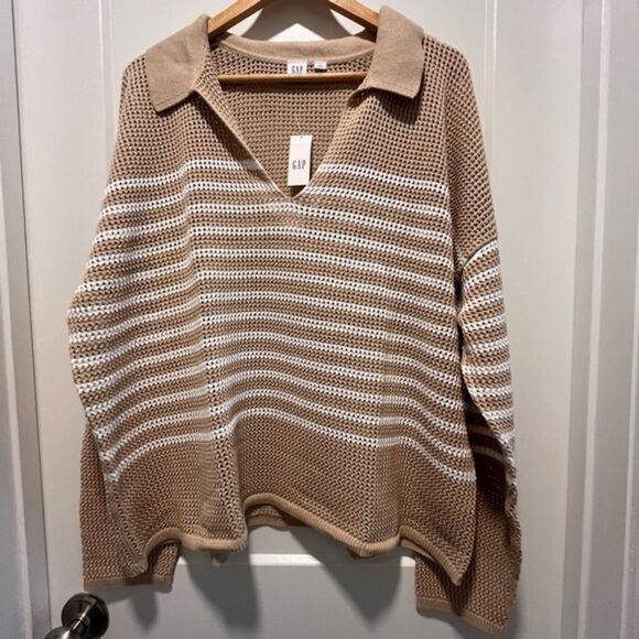 Gap Women's‎ Sweater Stripe Crochet 100% Cotton Drop Shoulder 2XL Tan White - Picture 5 of 5